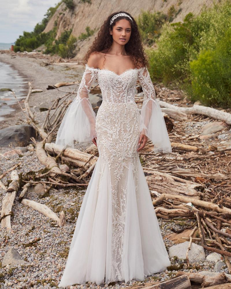 La24124 beaded mermaid wedding dress with bell sleeves and sweetheart neckline2